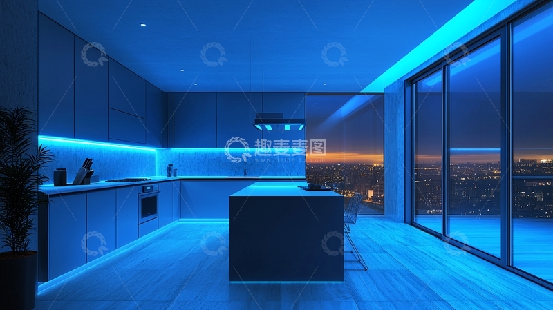 高清大图下载【趣麦麦图】现代化蓝色灯光厨房