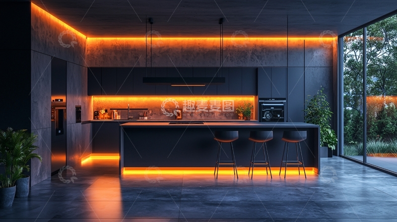高清大图下载【趣麦麦图】暗色系现代化厨房设计