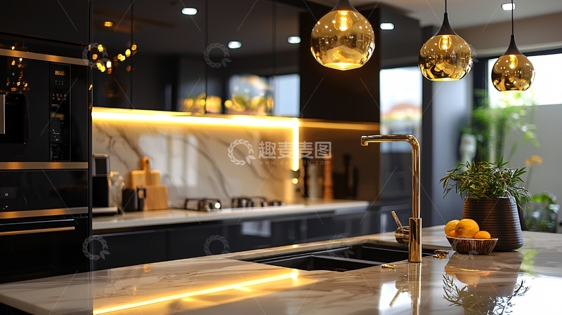 高清大图下载【趣麦麦图】现代黑色金箔厨房