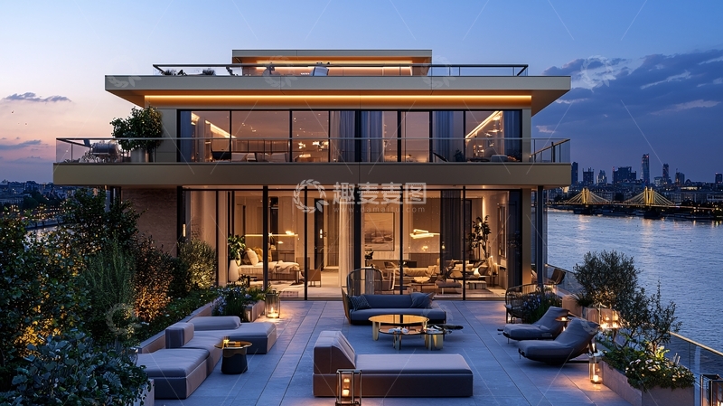 高清大图下载【趣麦麦图】现代风格河景别墅夜景