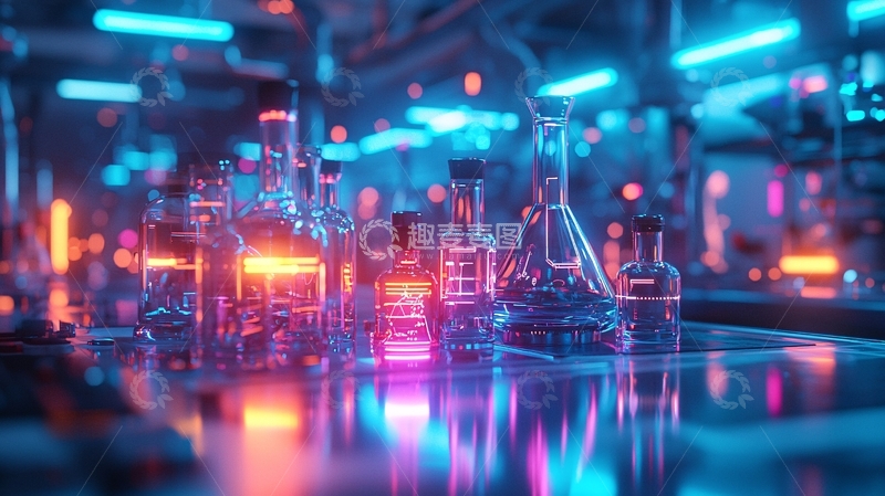 高清大图下载【趣麦麦图】炫彩霓虹灯下的实验室器材