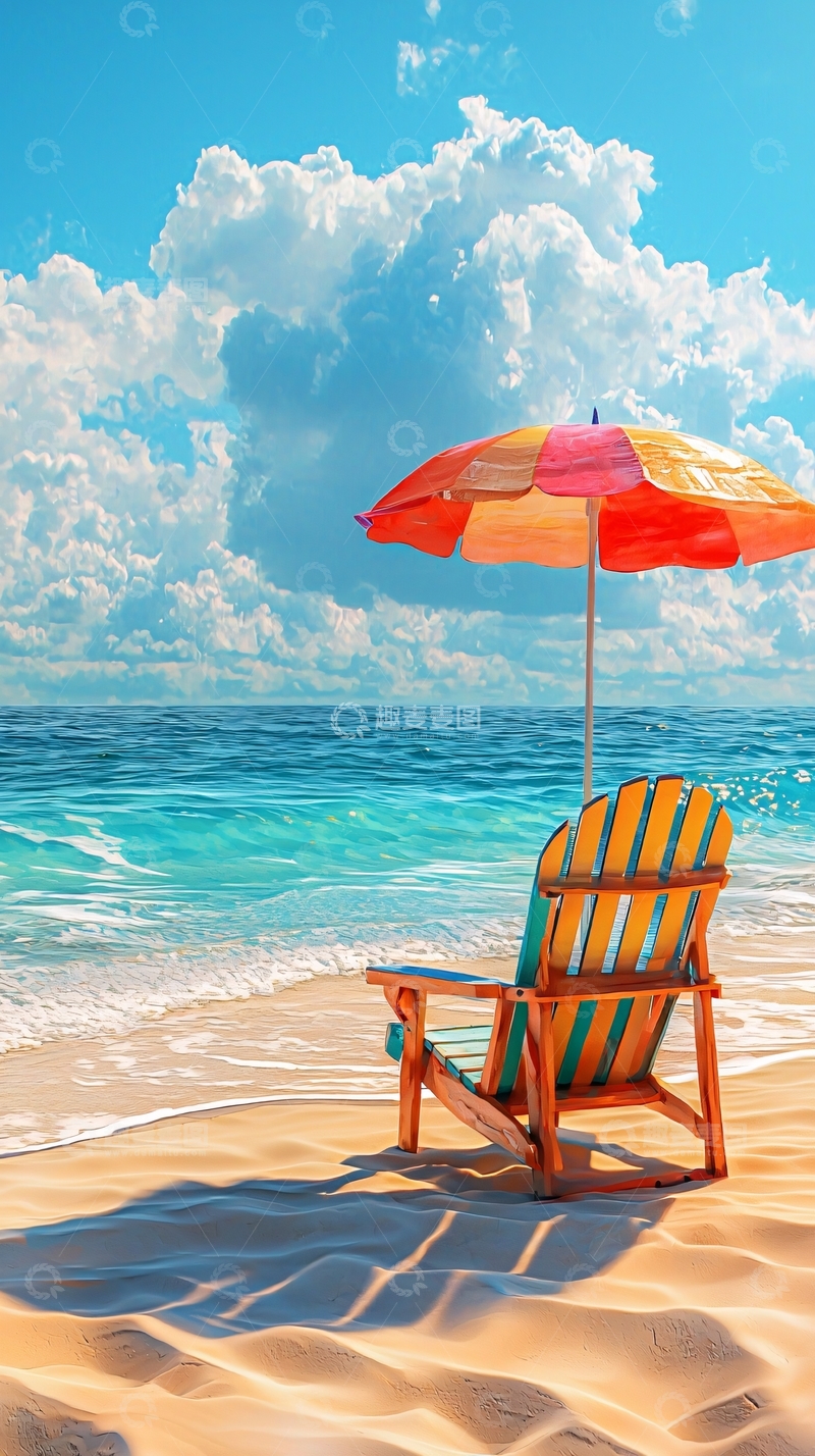 高清大图下载【趣麦麦图】沙滩椅上的彩色遮阳伞