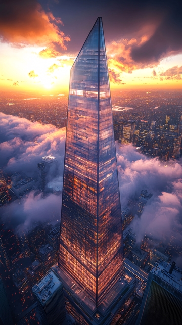 日落云海中的摩天大楼