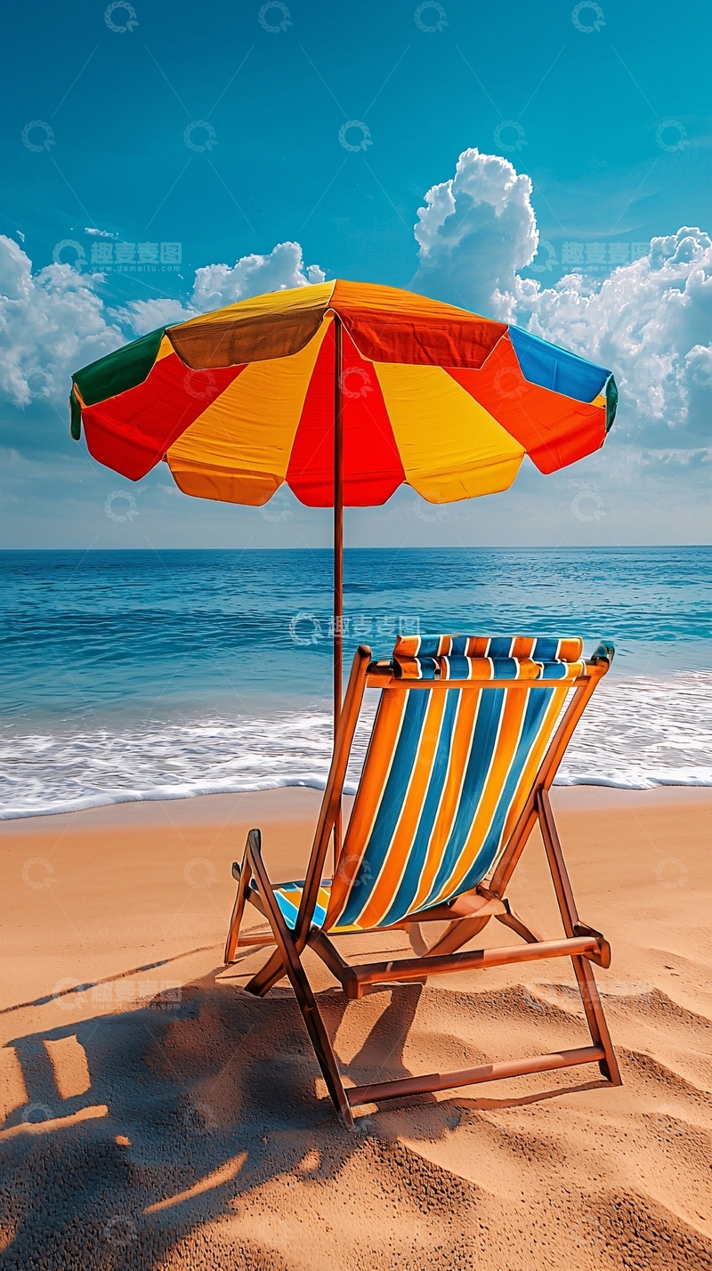 高清大图下载【趣麦麦图】沙滩椅上的彩色遮阳伞