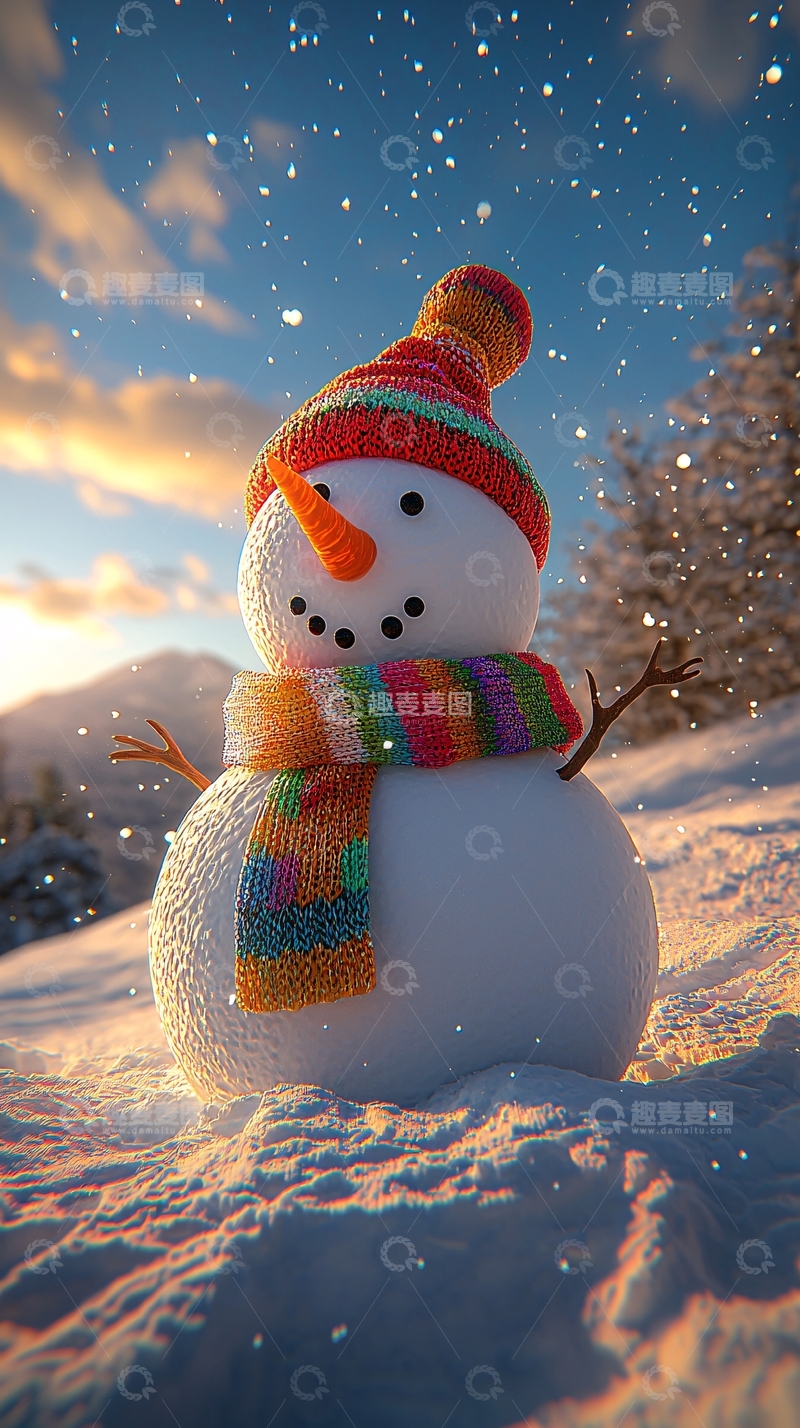 高清大图下载【趣麦麦图】雪地里戴帽子的雪人