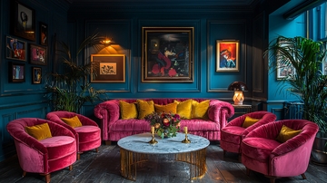 深蓝色墙壁的复古客厅