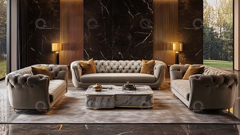 高清大图下载【趣麦麦图】轻奢灰色真皮沙发组合