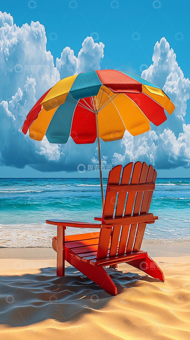高清大图下载【趣麦麦图】沙滩椅下的彩色遮阳伞