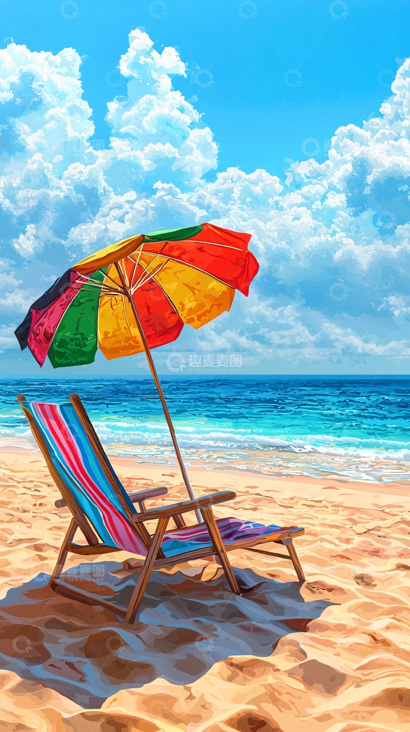 高清大图下载【趣麦麦图】沙滩椅海边遮阳伞