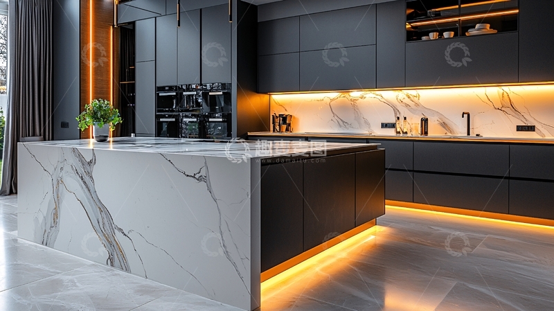 高清大图下载【趣麦麦图】现代极简灰色大理石厨房