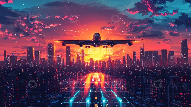 高清大图下载【趣麦麦图】日落飞机城市剪影