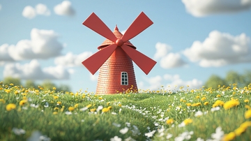 红房子风车田园风光