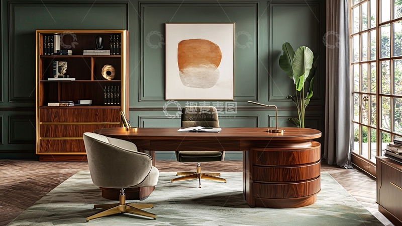 高清大图下载【趣麦麦图】高级深绿色书房