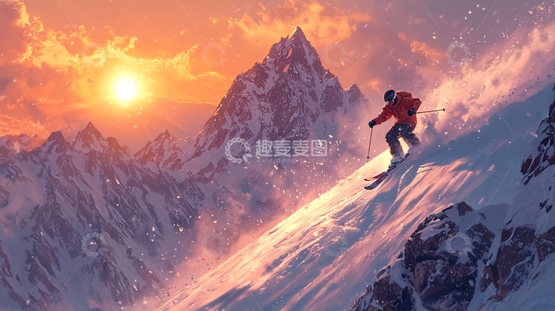高清大图下载【趣麦麦图】夕阳雪山滑雪运动员