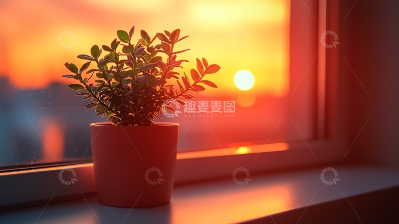 高清大图下载【趣麦麦图】窗台上的盆栽日落剪影