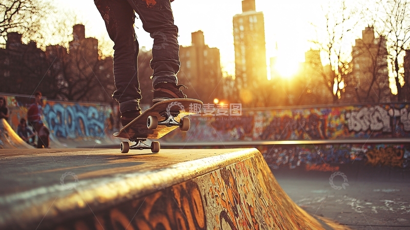 高清大图下载【趣麦麦图】夕阳下滑板少年