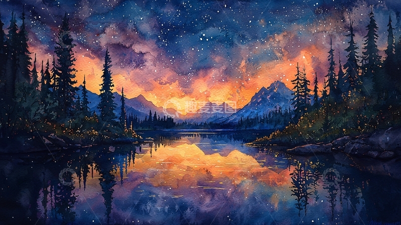 高清大图下载【趣麦麦图】水彩星空湖泊山脉