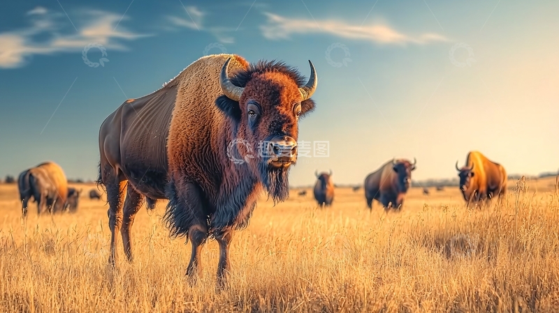 高清大图下载【趣麦麦图】草原野牛群落日落