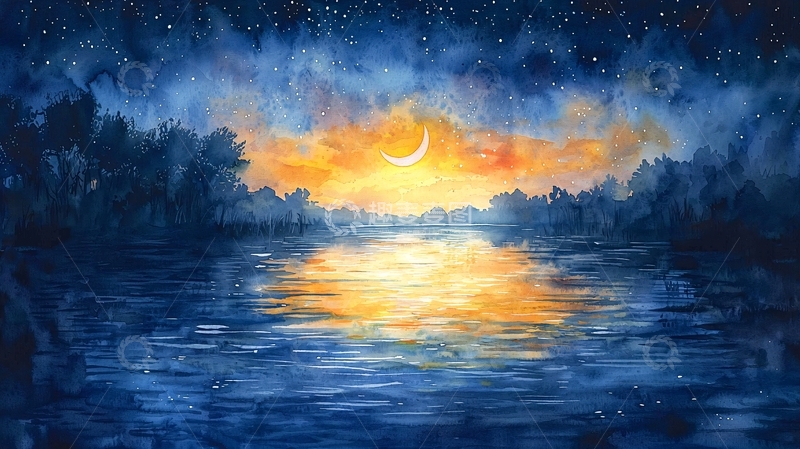 高清大图下载【趣麦麦图】水彩星空湖泊