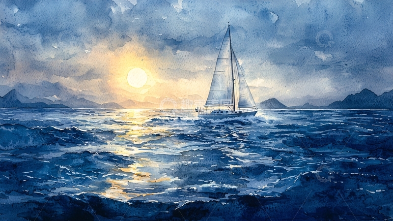 高清大图下载【趣麦麦图】水彩帆船日落