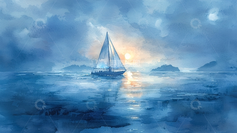 高清大图下载【趣麦麦图】蓝色大海帆船日落