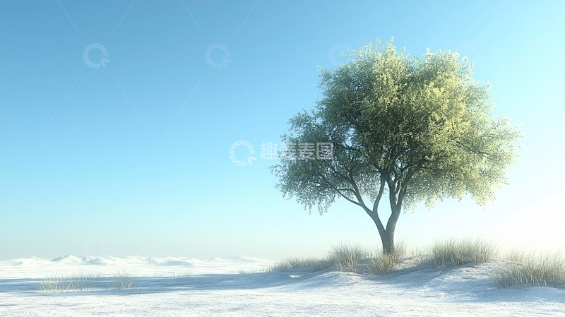 高清大图下载【趣麦麦图】冬日雪地中孤单的树