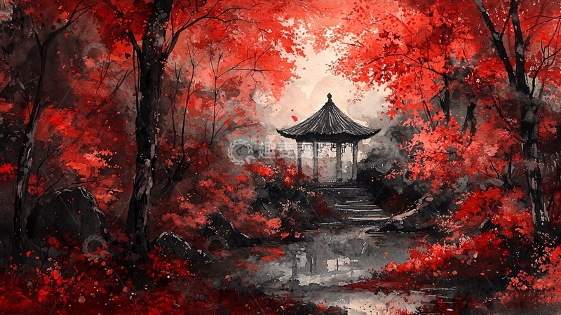 高清大图下载【趣麦麦图】红叶森林中式凉亭