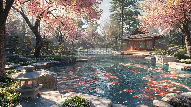 高清大图下载【趣麦麦图】春日樱花日式庭院