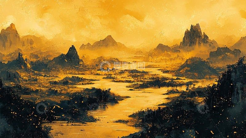 高清大图下载【趣麦麦图】黄昏的奇幻山川河流