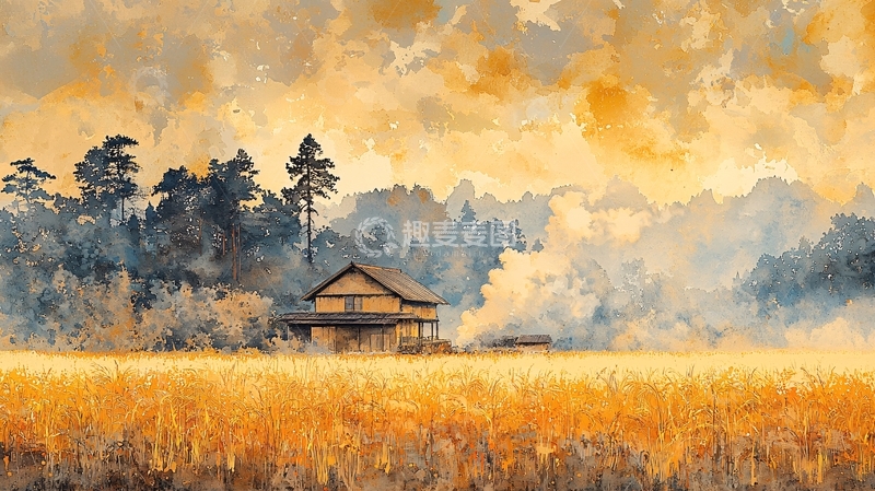 高清大图下载【趣麦麦图】金色麦田里的木屋