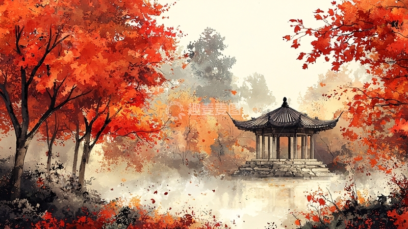 高清大图下载【趣麦麦图】红叶秋景水墨画