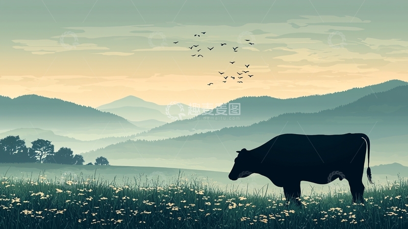 高清大图下载【趣麦麦图】山峦牛群剪影