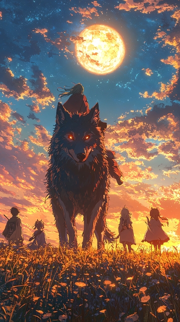 巨狼夕阳下带人前进