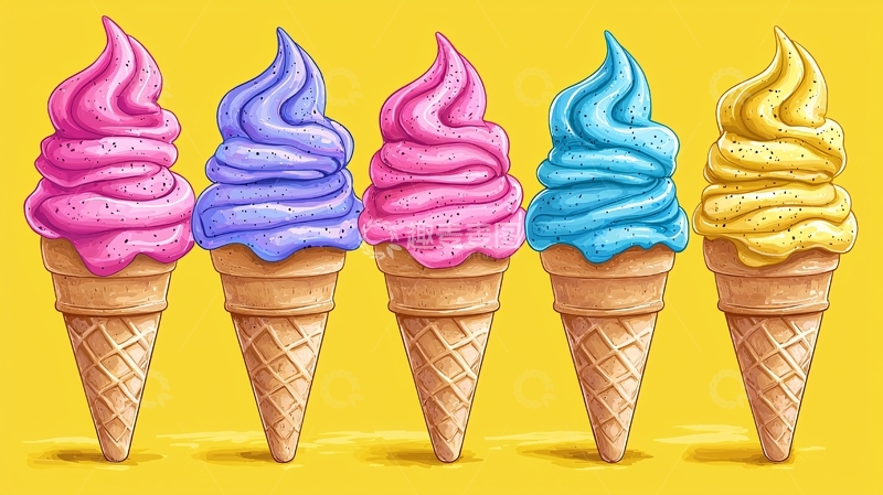 高清大图下载【趣麦麦图】五种颜色的冰淇淋甜筒
