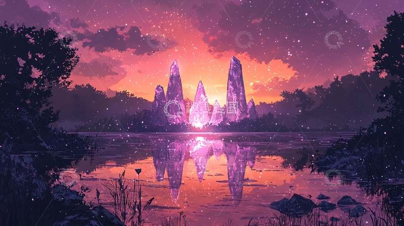 高清大图下载【趣麦麦图】梦幻紫粉色日落湖景