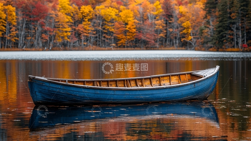 高清大图下载【趣麦麦图】秋日湖泊木船倒影