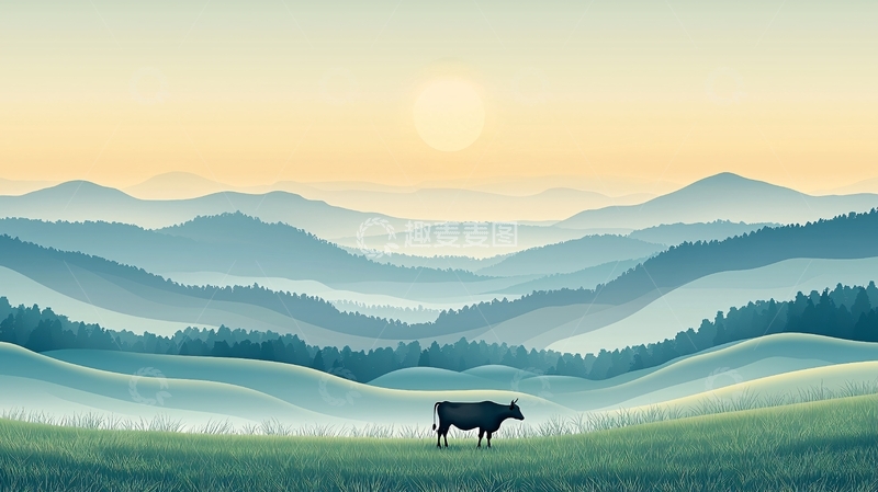 高清大图下载【趣麦麦图】晨曦牧场孤牛远山