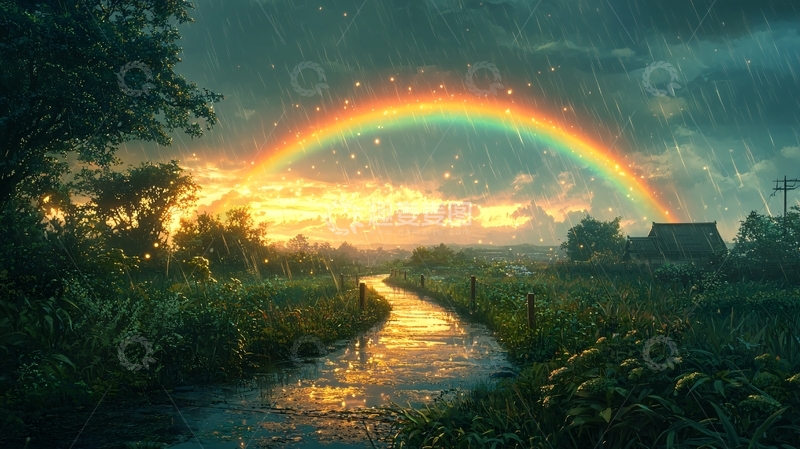 高清大图下载【趣麦麦图】雨后彩虹田园风光