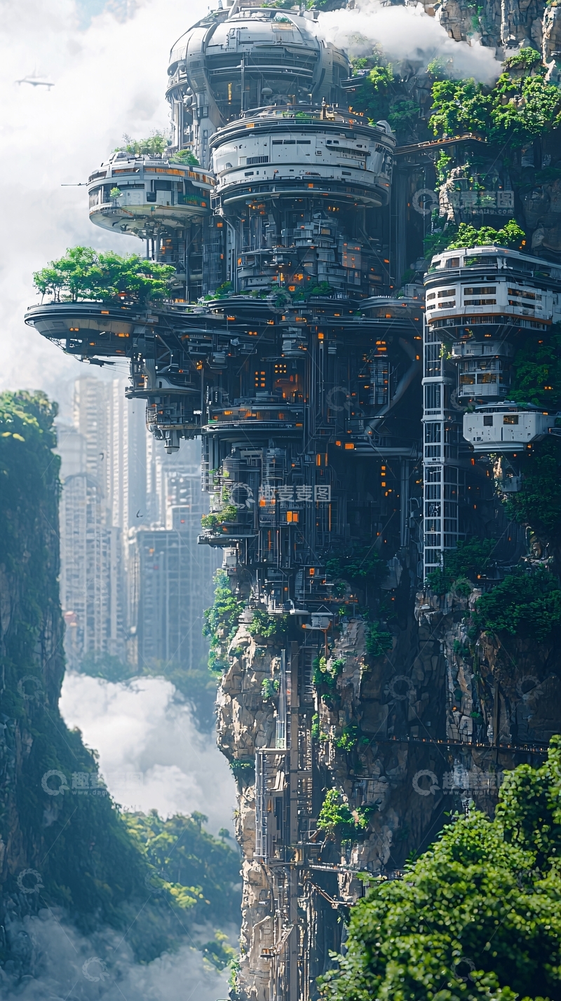 高清大图下载【趣麦麦图】悬崖峭壁上的未来城市
