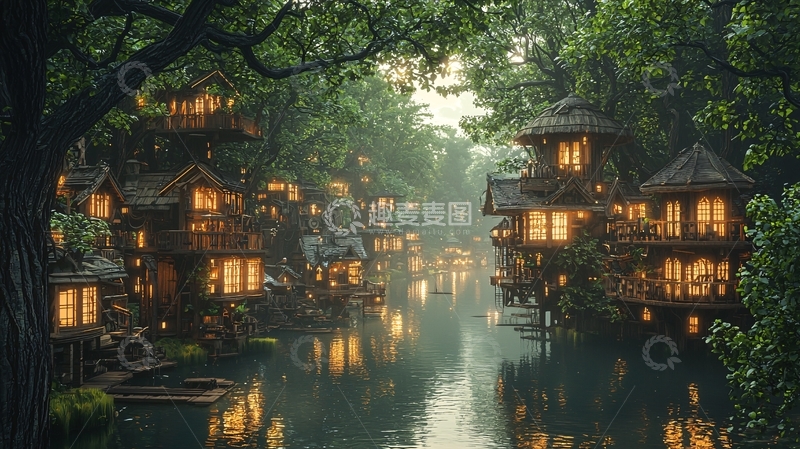 高清大图下载【趣麦麦图】森林河边小屋