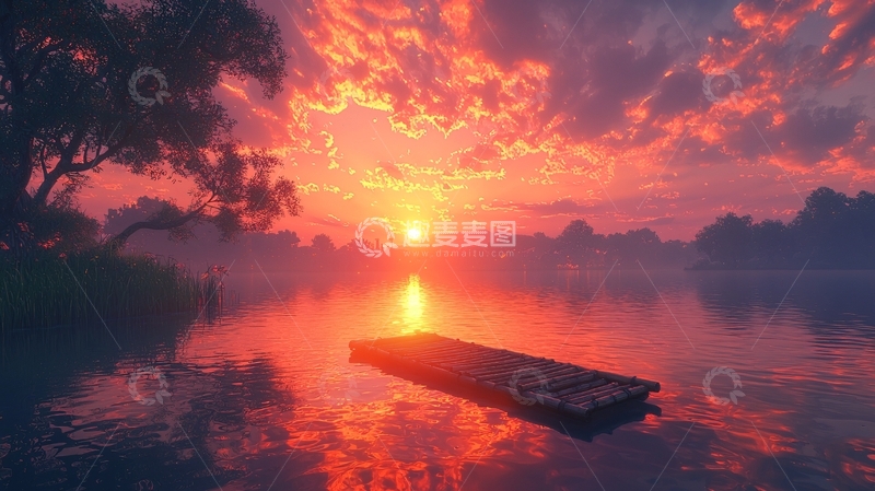 高清大图下载【趣麦麦图】日落湖面木筏