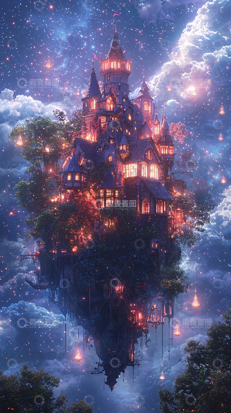 高清大图下载【趣麦麦图】-星空下的悬浮城堡