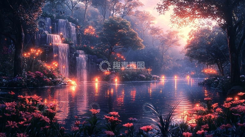 高清大图下载【趣麦麦图】梦幻森林瀑布仙境