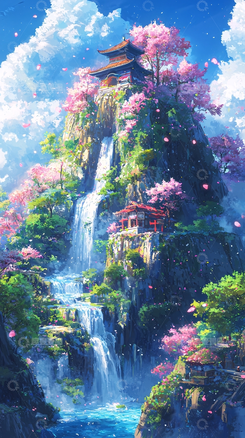 高清大图下载【趣麦麦图】春日山间瀑布