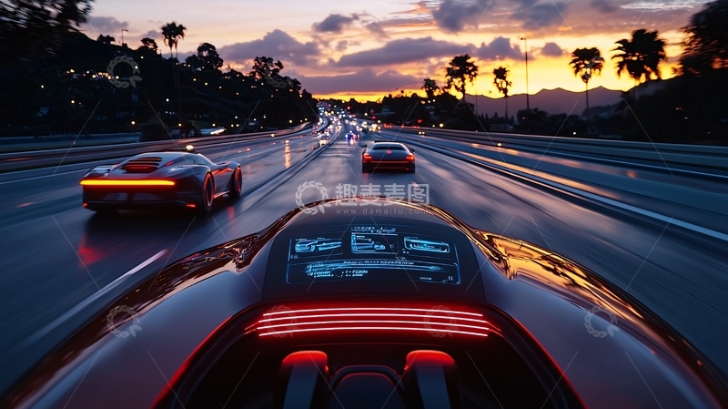 高清大图下载【趣麦麦图】傍晚高速公路上的跑车