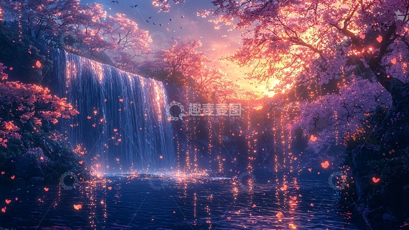 高清大图下载【趣麦麦图】梦幻瀑布樱花树