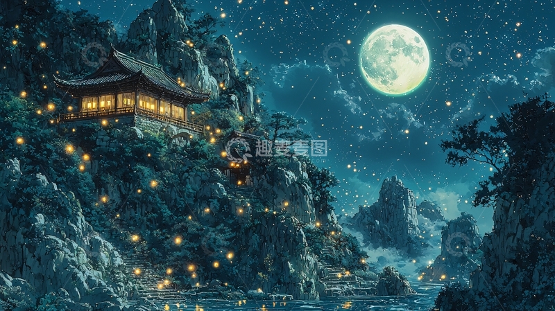 高清大图下载【趣麦麦图】月光下的山间小屋