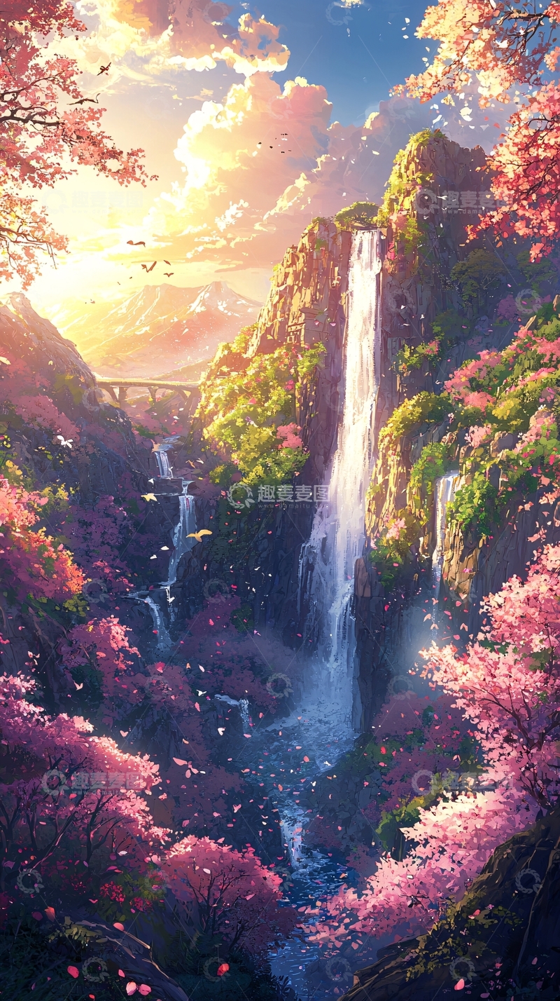 高清大图下载【趣麦麦图】唯美樱花瀑布山峰风景