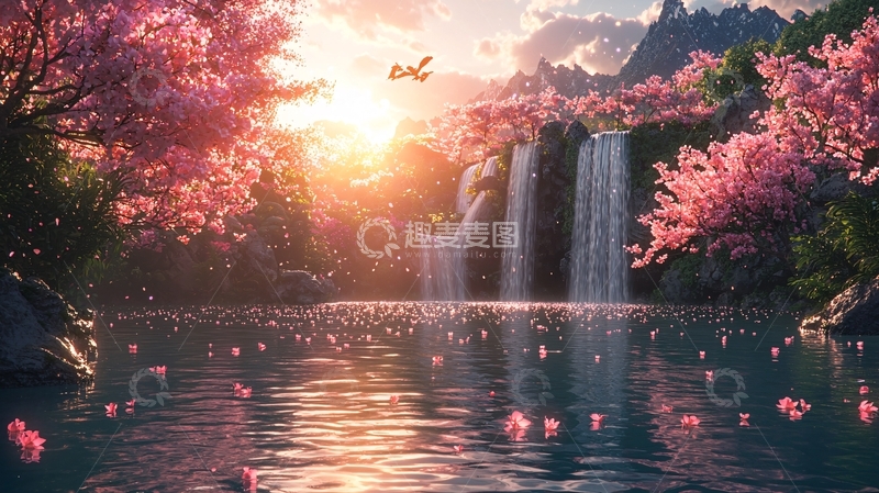 高清大图下载【趣麦麦图】樱花瀑布日落