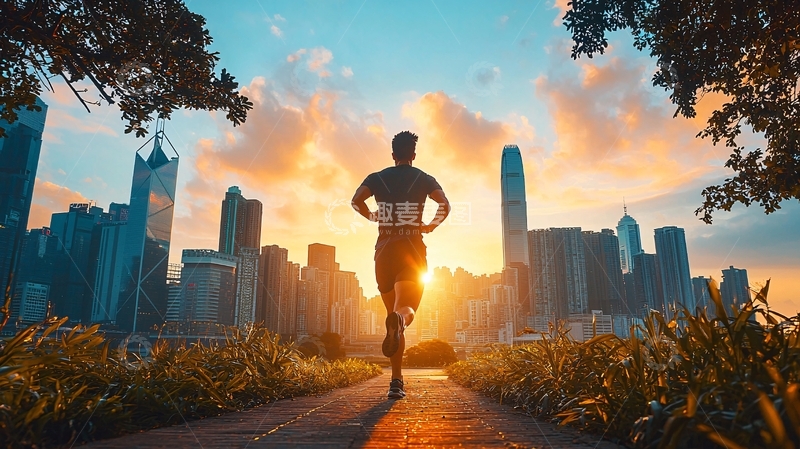 高清大图下载【趣麦麦图】日出城市跑步剪影